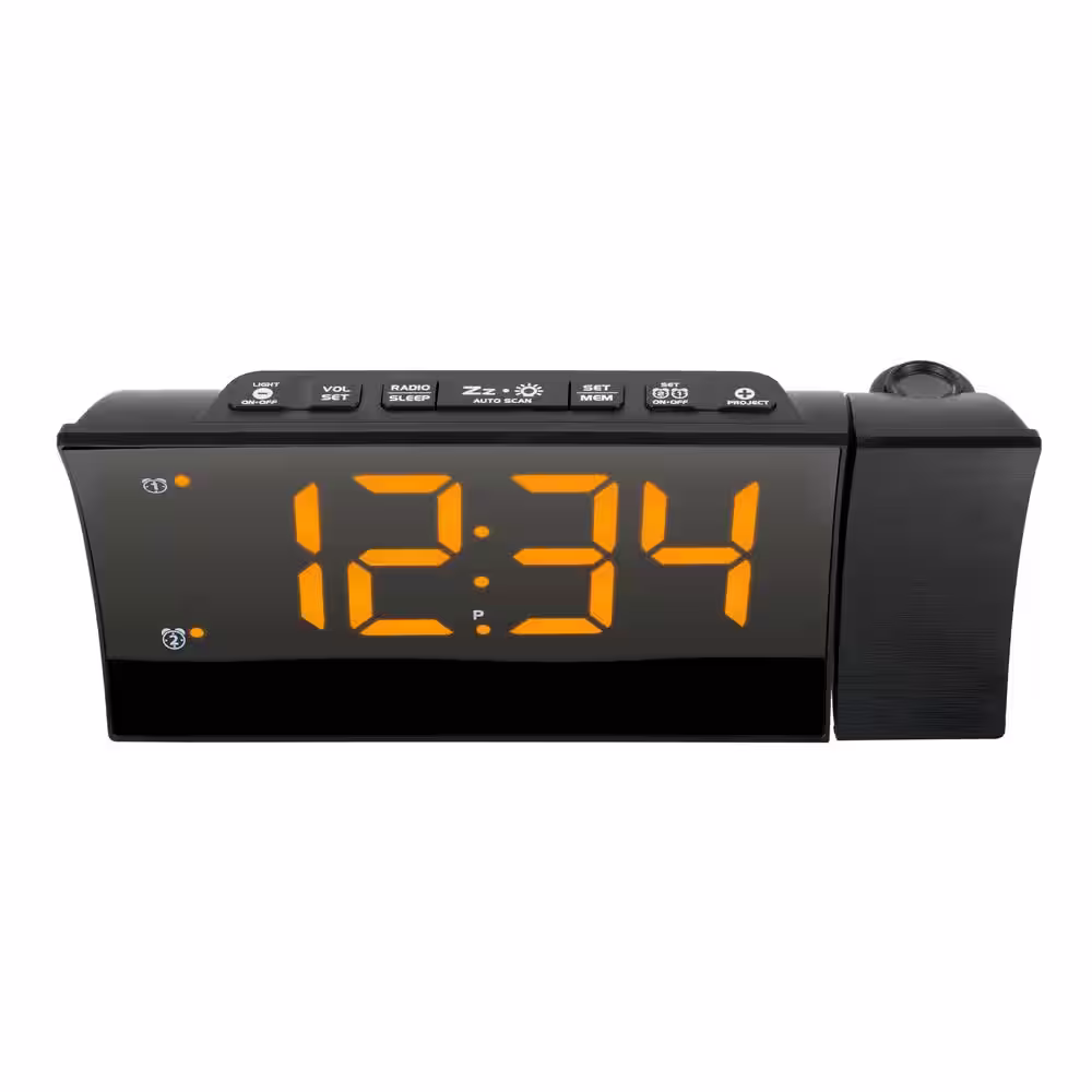 La Crosse Technology Black Curved LED Projection Alarm Clock with Radio and glowing nightlight
