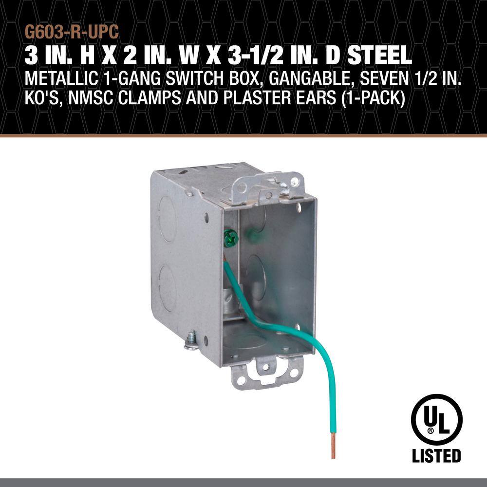 Southwire 3 in. H x 2 in. W x 3-1/2 in. D Steel Metallic 1-Gang Switch Box, Seven 1/2 in Ko, NMSC Clamps and Plaster Ears, 1-Pack