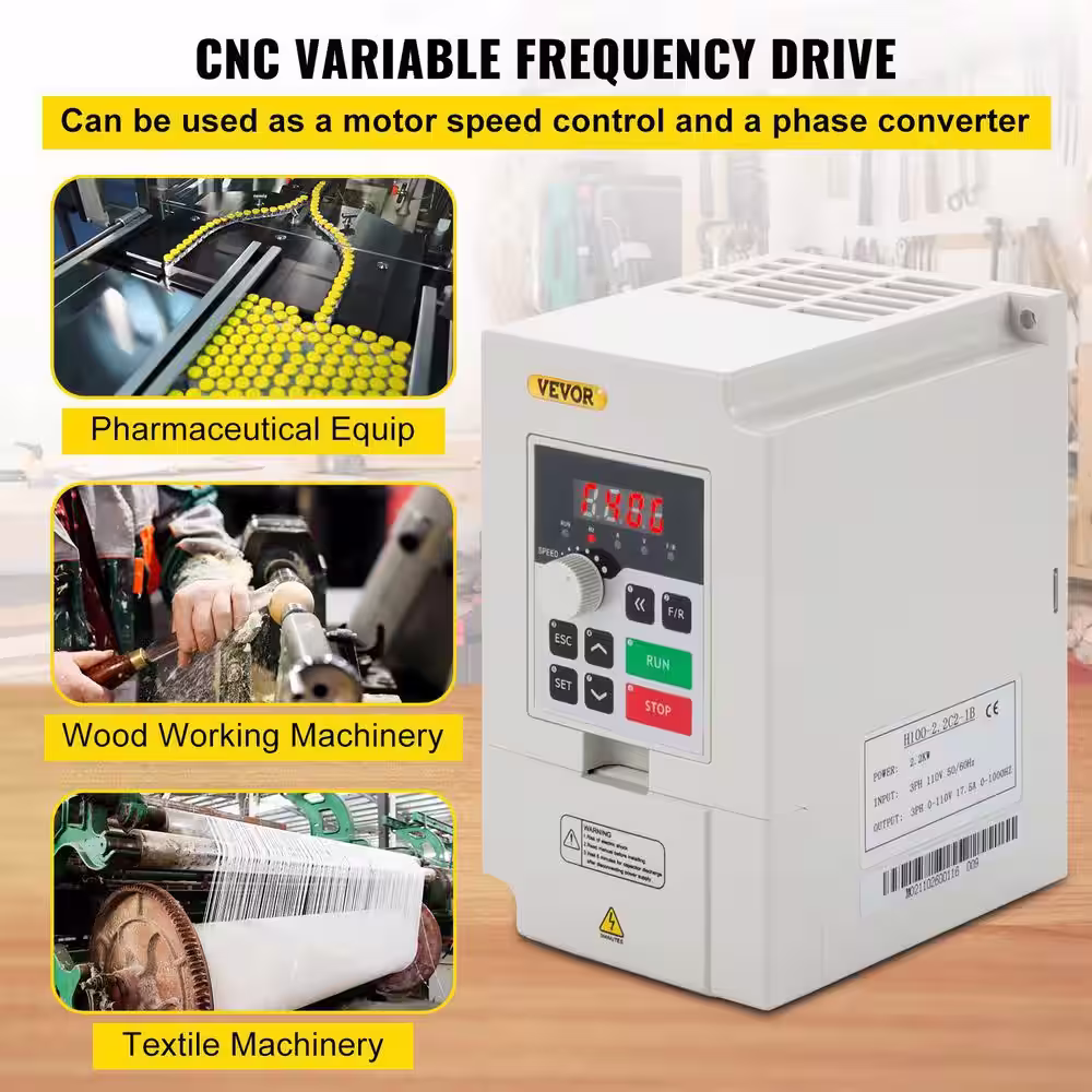 VEVOR VFD 2.2KW 110-Volt 3HP, 1 or 3 Phase Input 3 Phase Output Variable Frequency Drive AC 17.5A CNC Motor Inverter Converter