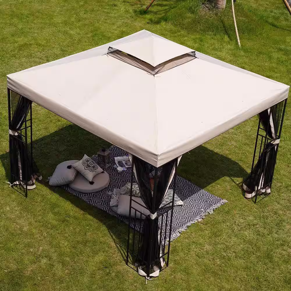 None 10 ft. x 10 ft. Beige Outdoor Gazebo with Mosquito Netting and Curtains