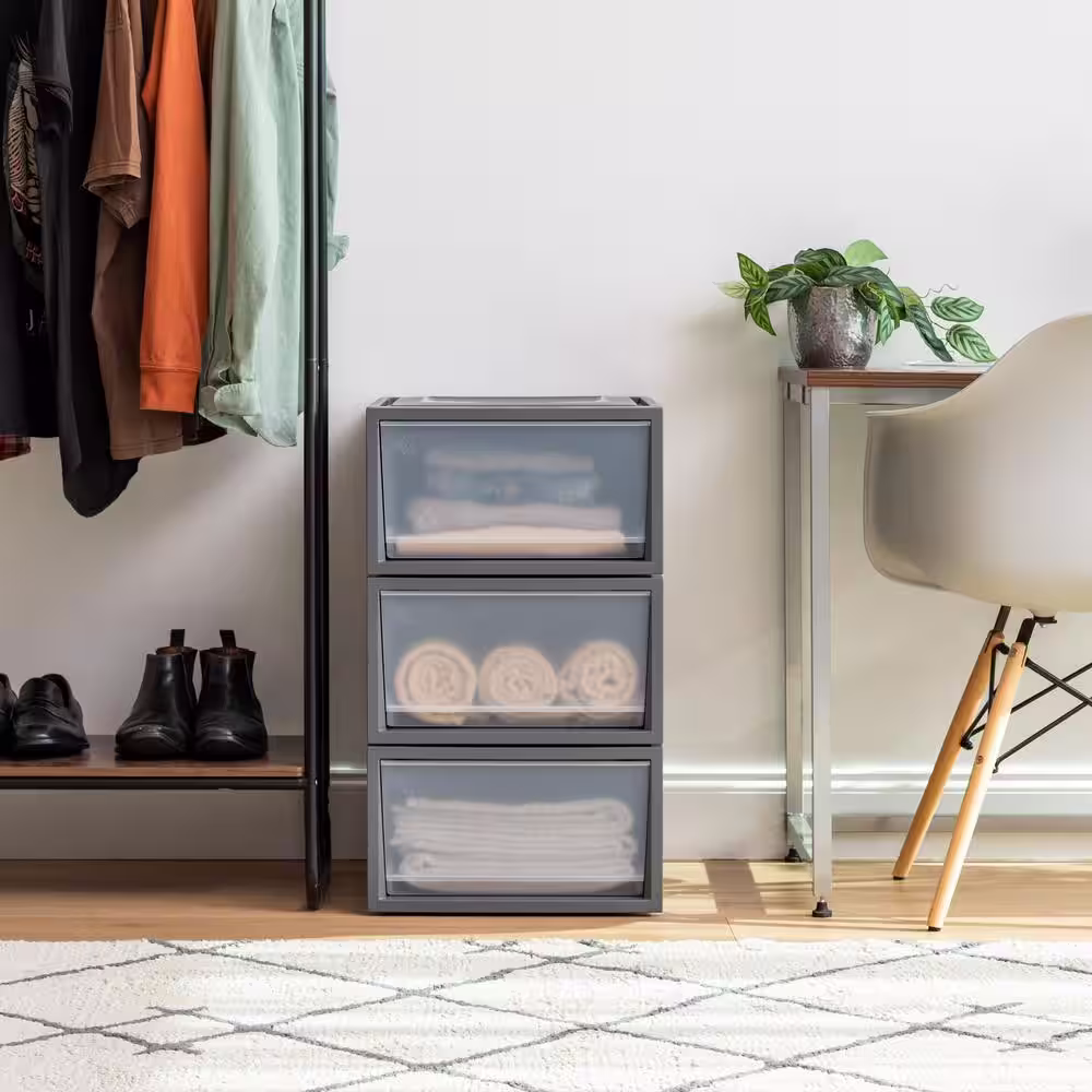 IRIS Plastic Stackable Chest Drawer in Gray (1-Drawer) (3-Pack)