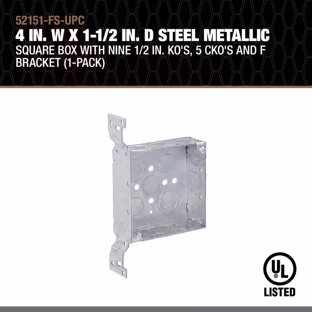Southwire 4 in. W x 1-1/2 in. D Steel Metallic Square Box with Nine 1/2 in. KO's, 5 CKO's and F Bracket (1-Pack)