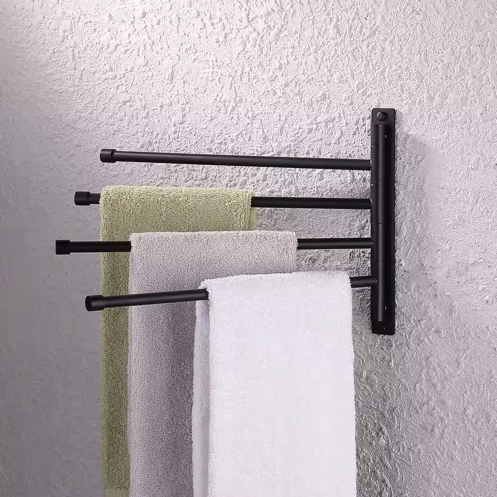 None 15 in. Wall Mount Bathroom Swivel Towel Bar with 4-Arm in Matte Black
