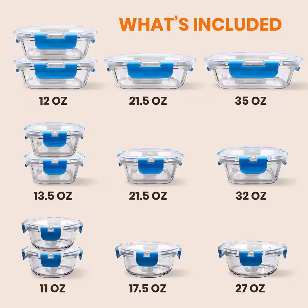 NutriChef 24-Piece Superior Glass Food Storage Containers Set - Stackable Design with Newly Innovated Hinged BPA-free Locking lids