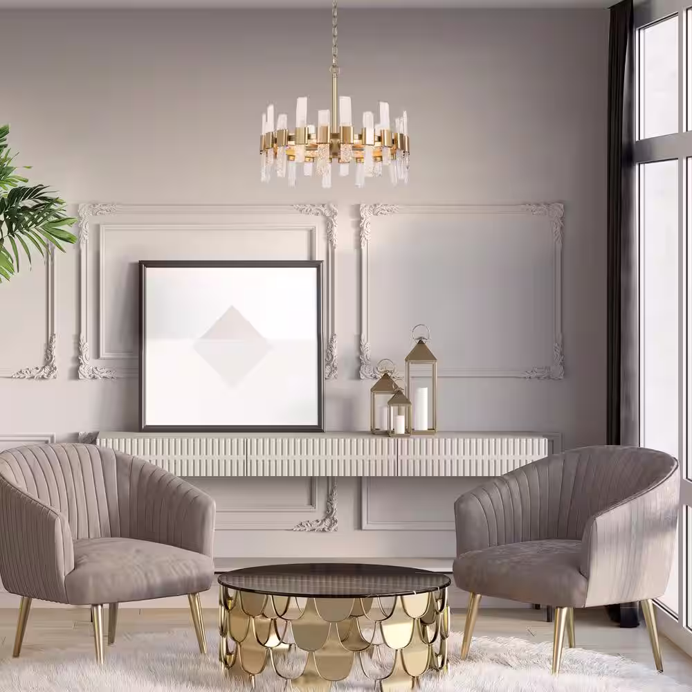 Uolfin Mid-Century Modern Gold Kitchen Island Chandelier, 6-Light Glam Dining Room Ceiling Light with Icing Glass Strips