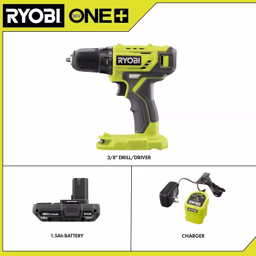 RYOBI ONE+ 18V Cordless 3/8 in. Drill/Driver Kit with 1.5 Ah Battery and Charger