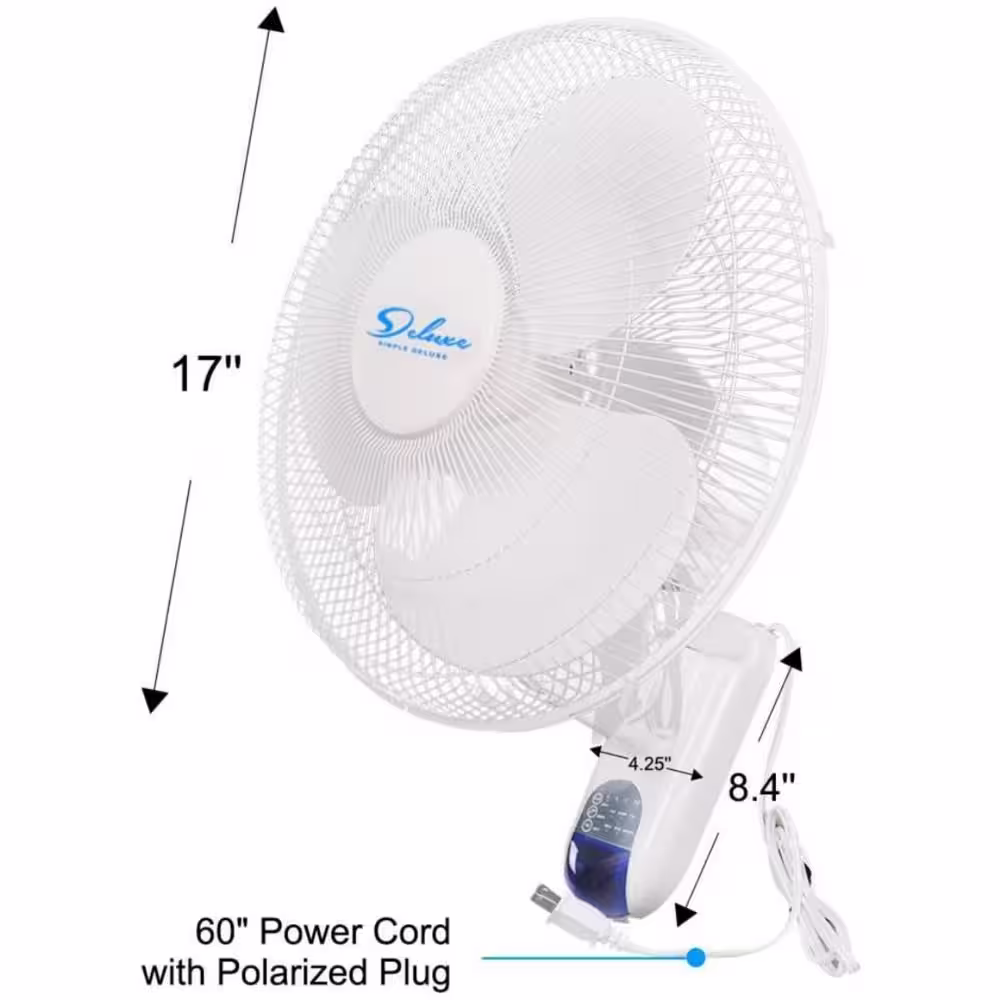 Tidoin 2-Piece 17 in. 3 Fan Speeds Wall Fan in White with Remote Control