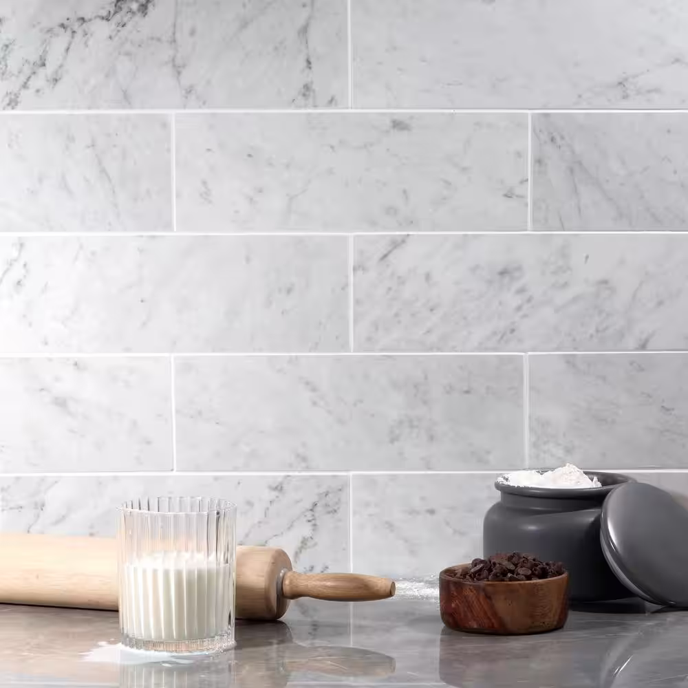 Ivy Hill Tile White Carrara 4 in. x 12 in. x 9mm Polished Marble Subway Tile (30 pieces / 10 sq. ft. / box)
