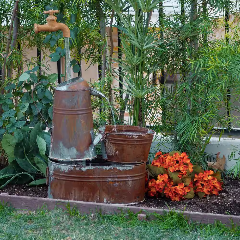 Alpine Corporation 34 in. Tall Outdoor Rustic Watering Can Fountain