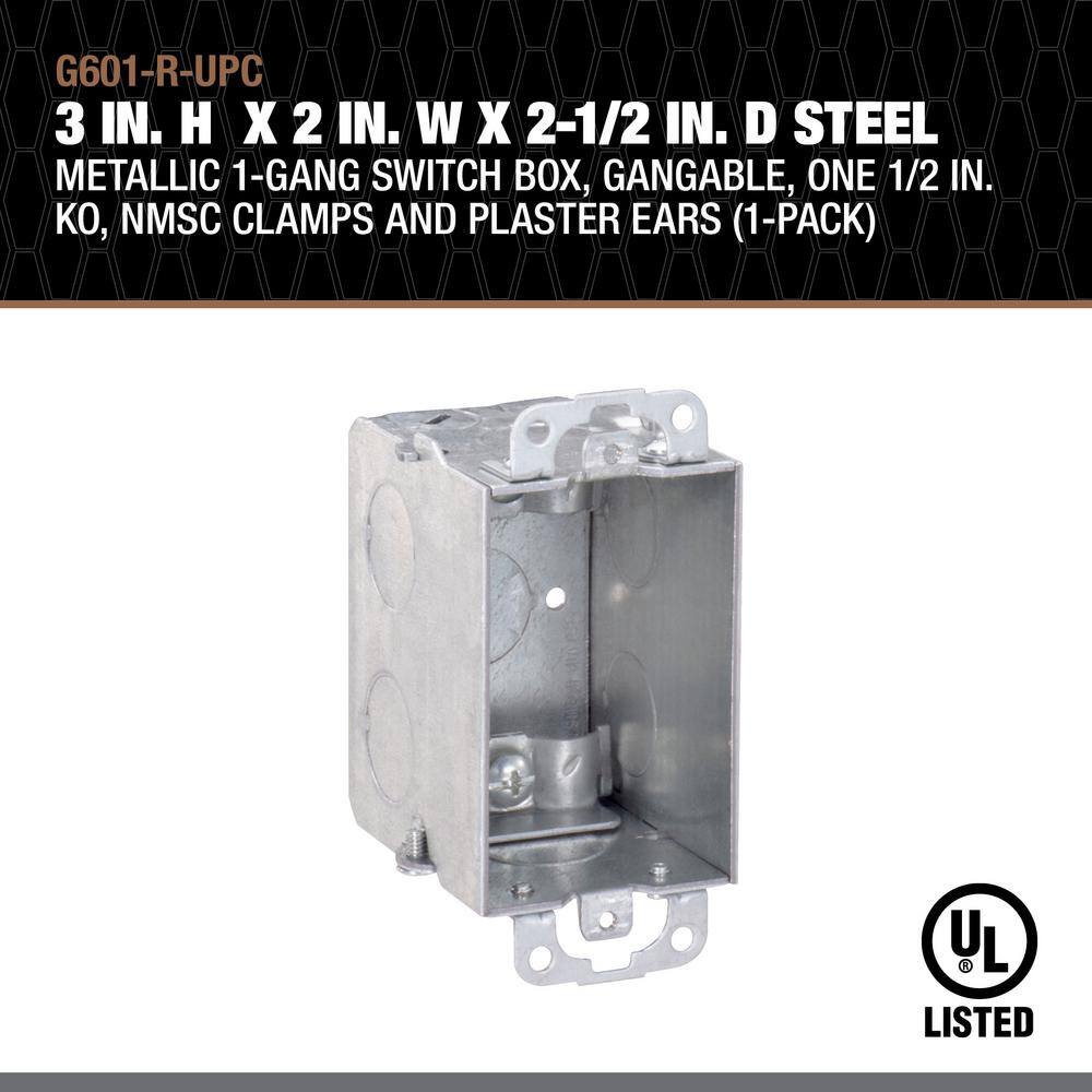Southwire 3 in. H x 2 in. W x 2-1/2 in. D Steel Metallic 1-Gang Switch Box, One 1/2 in. KO , NMSC Clamps and Plaster Ears 1-Pack