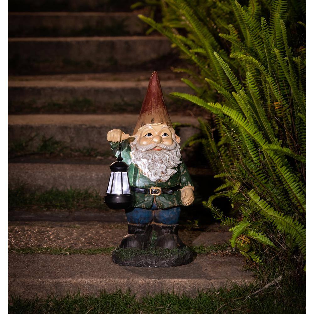 LuxenHome Gnome with Solar Powered Lantern 20 in. Garden Statue