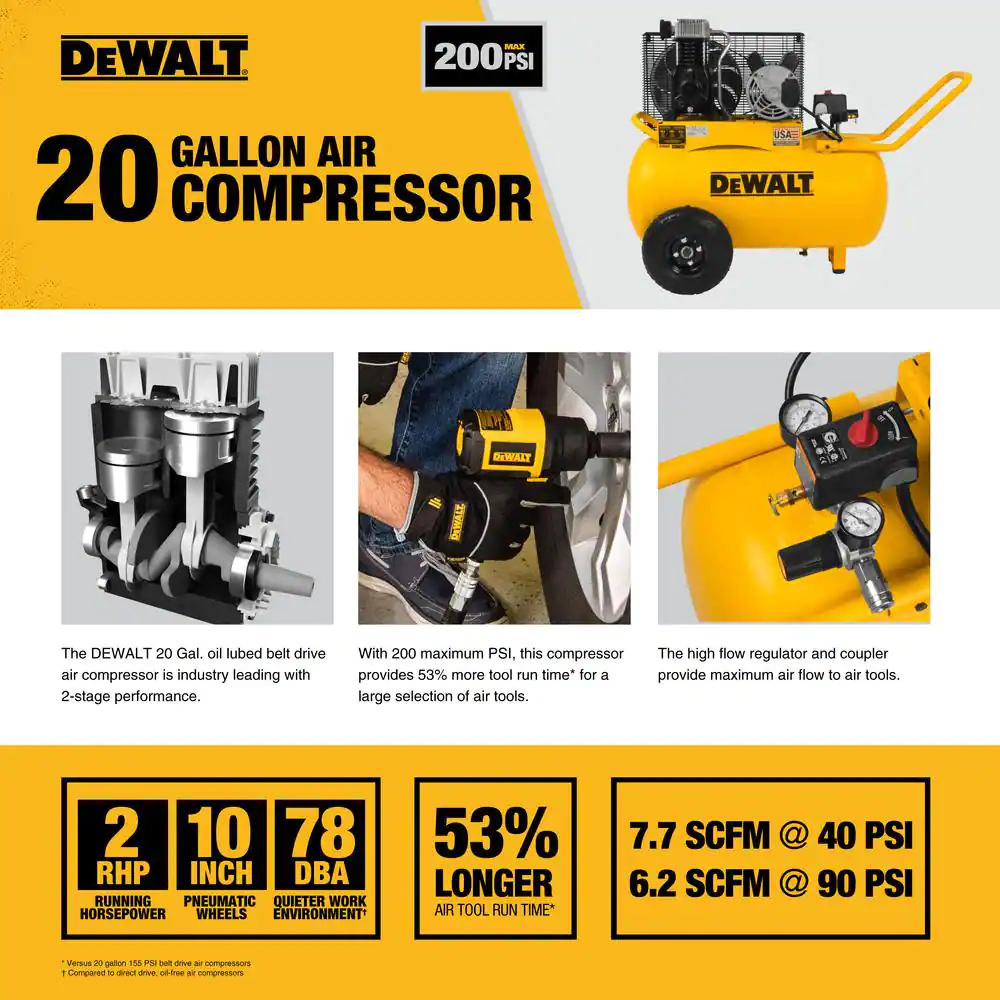 DEWALT 20 Gal. 200 PSI Oil Lubed Belt Drive Portable Horizontal Electric Air Compressor