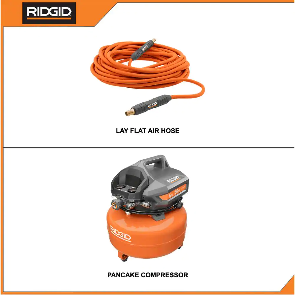 RIDGID 6 Gal. Portable Electric Pancake Air Compressor with 1/4 in. 50 ft. Lay Flat Air Hose