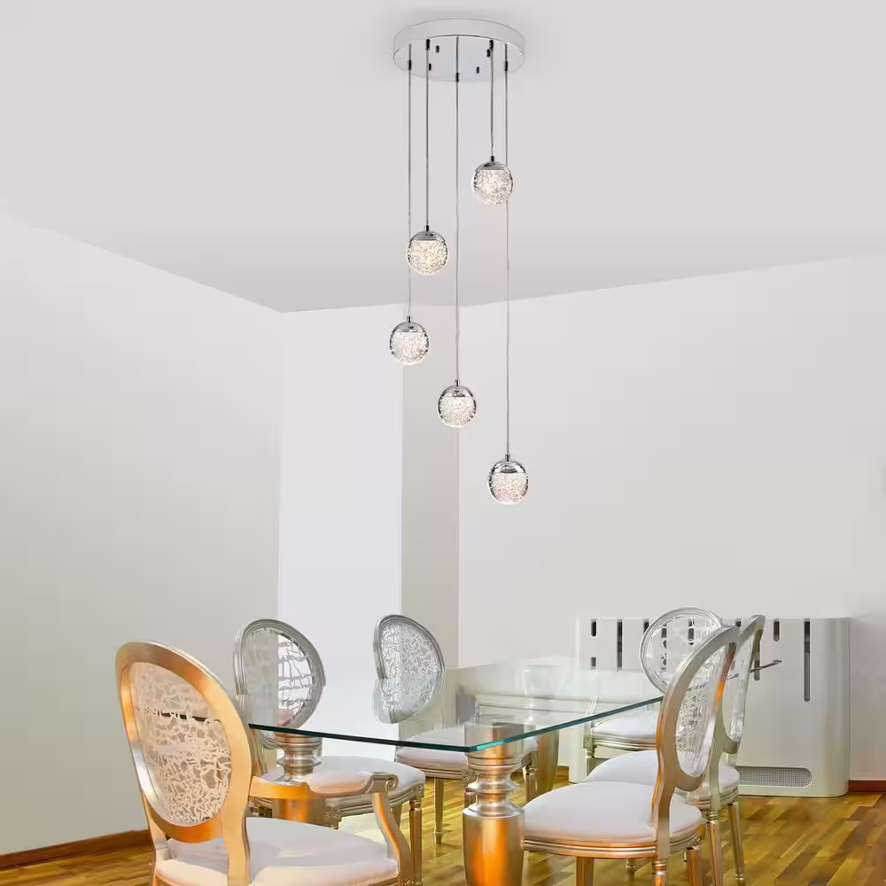 None Modern 5-Lights Pendant Lights, 3000K Dimmable Integrated LED Chandeliers, Crystal Globe Pendant Light Fixtures