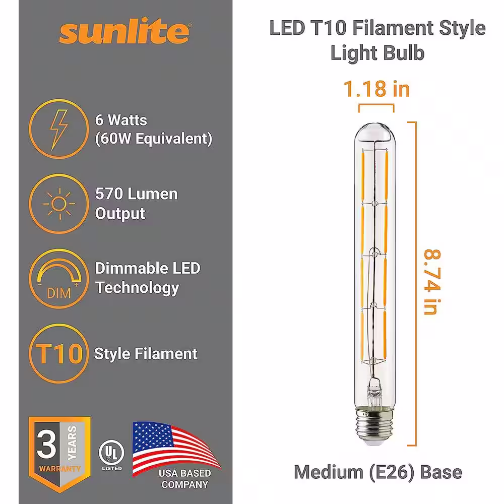 None 60-Watt Equivalence 8.7 in. T10 Shape Tube Medium E26 LED Light Bulb Amber White 2200K (10-Pack)
