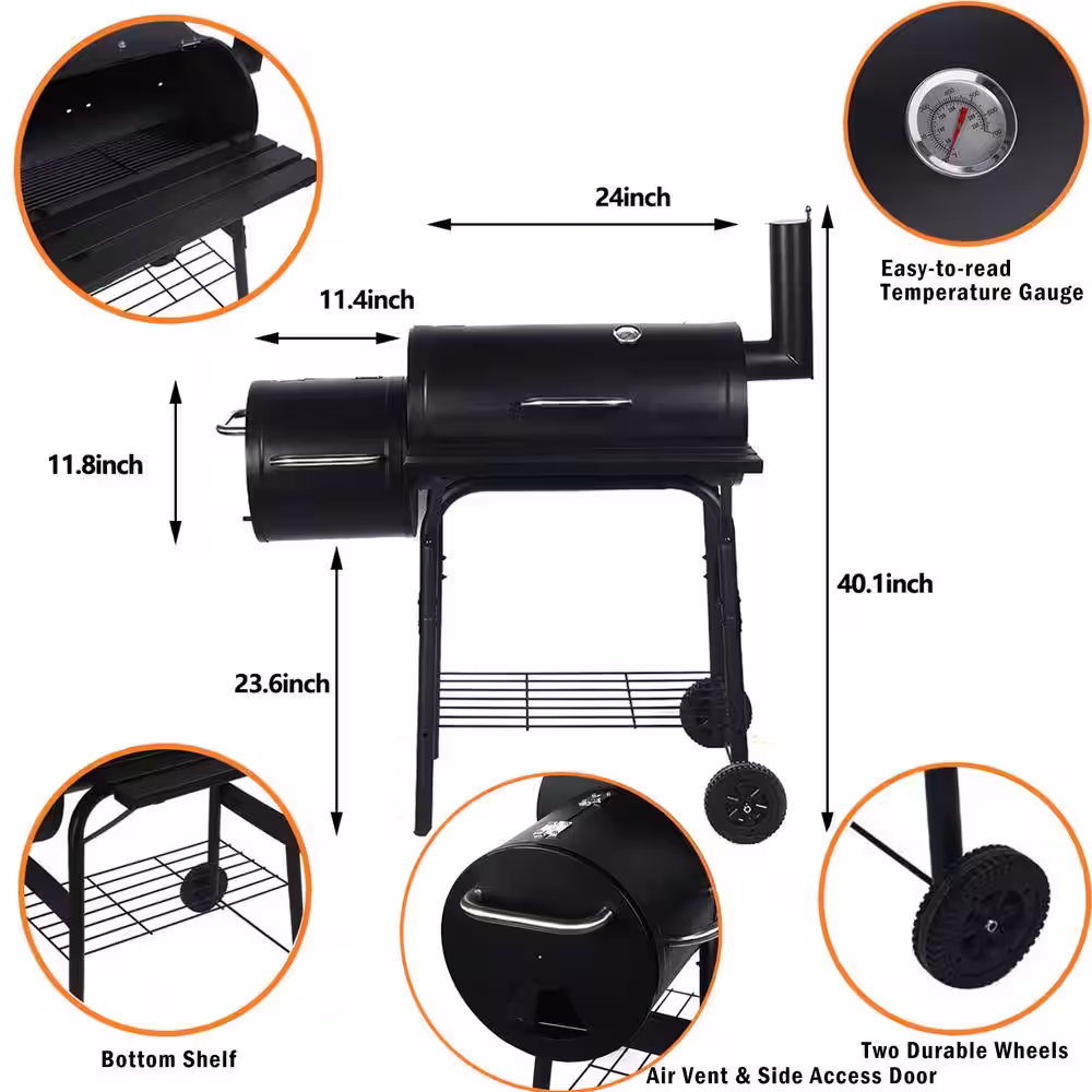 None Classic Charcoal Grill in Black with Offset Smoker