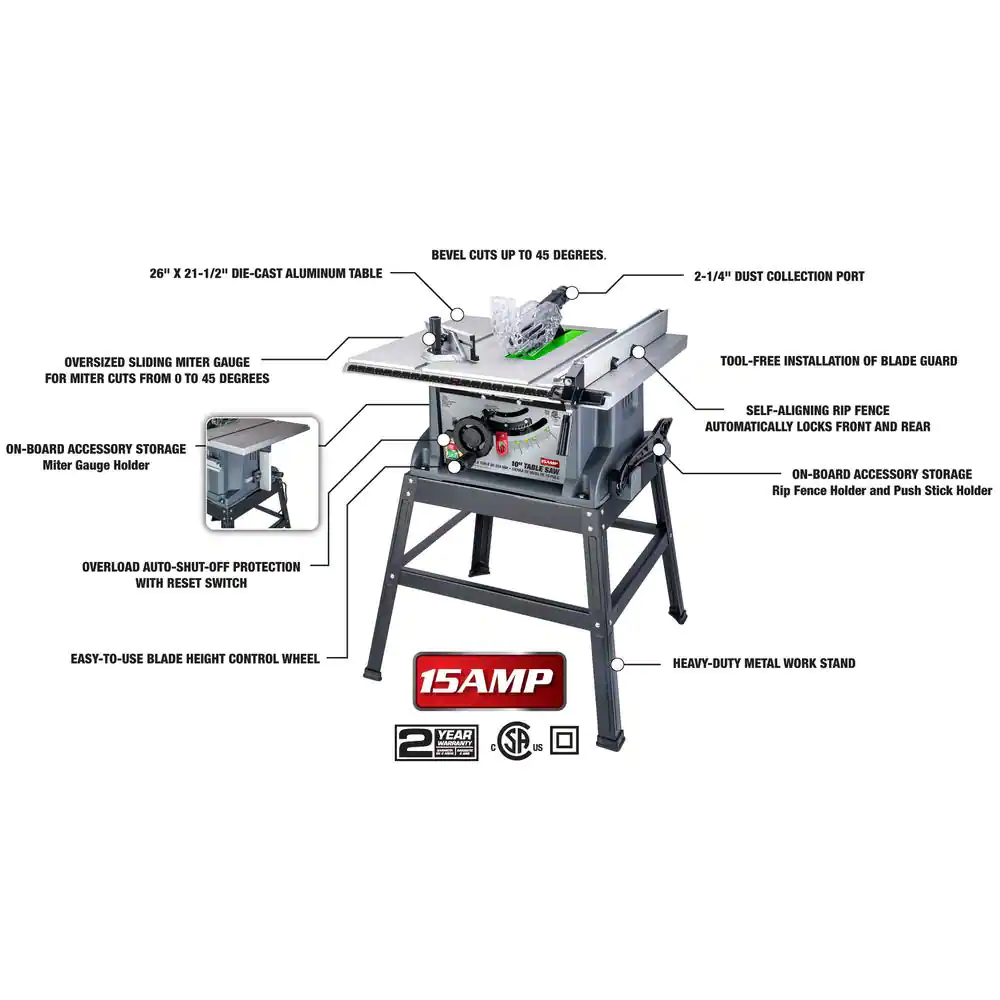 GENESIS 10 in. 15 Amp Table Saw with Metal Stand, Miter Gauge, Push Stick and Rip Fence