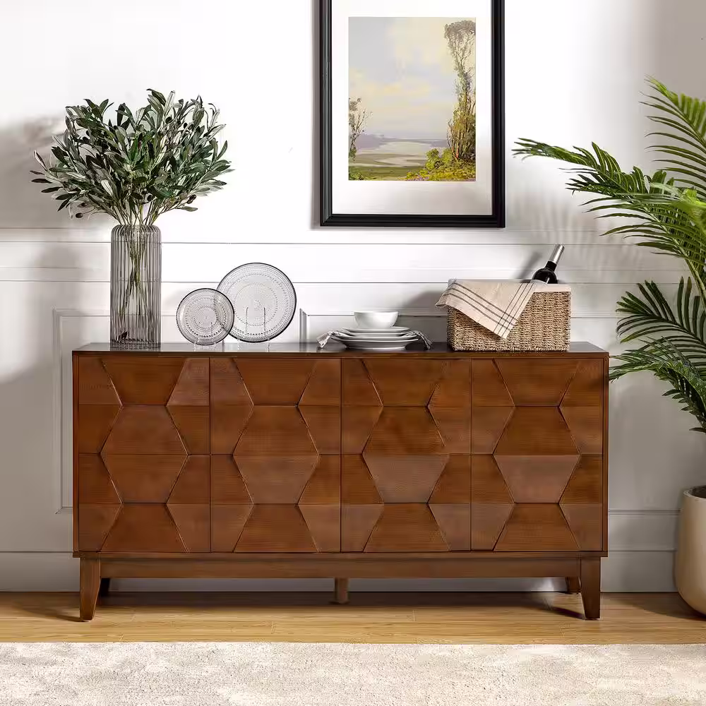 JAYDEN CREATION Kamis Modern Walnut 60 in. Hexagonal Embellishments Sideboard with Solid Wood Legs