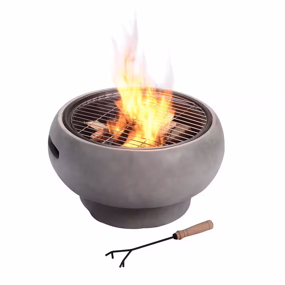 Teamson Home Outdoor 21 in. x 18.5 in. Round Concrete Wood Burning Fire Pit in Grey