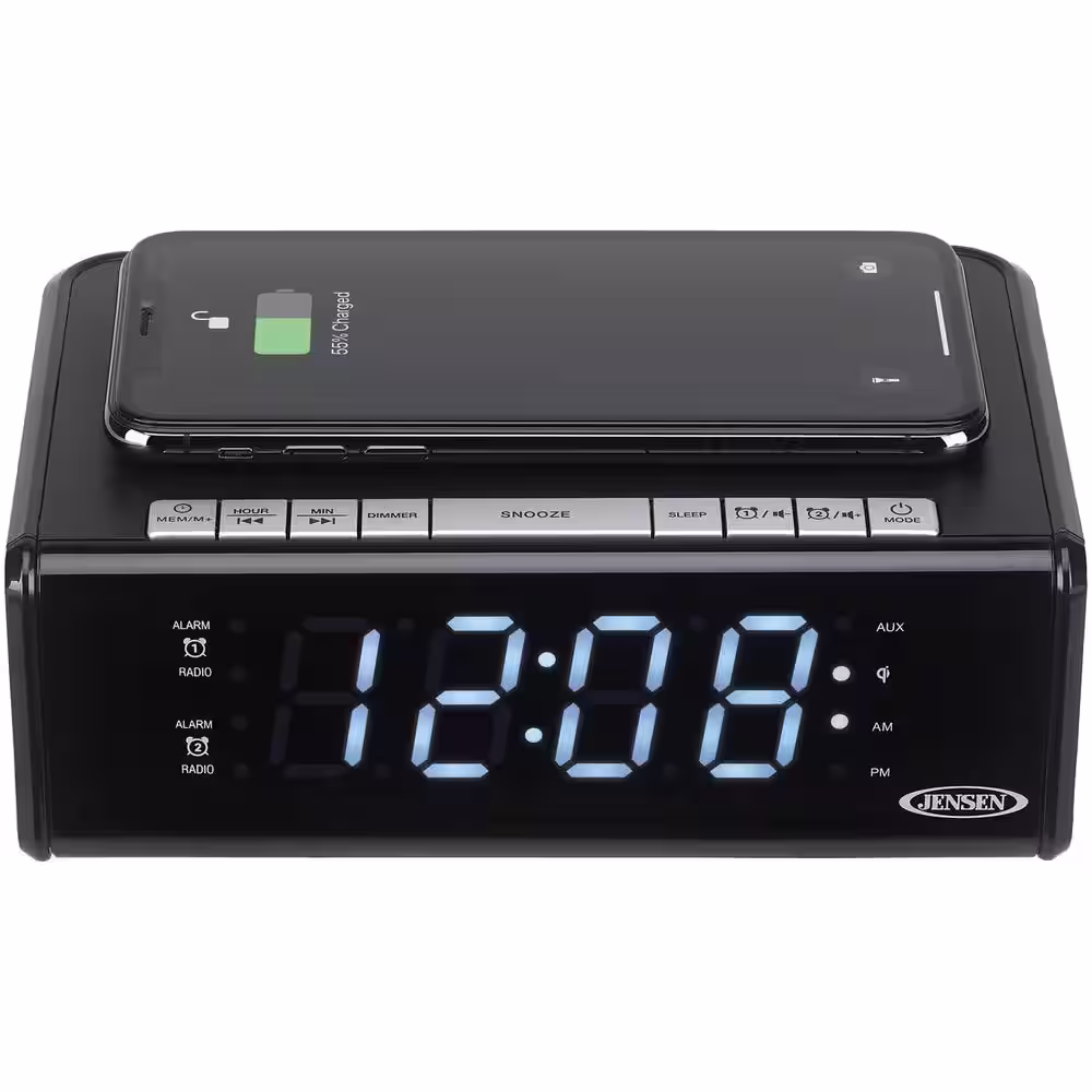 JENSEN Black Dual Alarm Clock Radio with Qi Charging