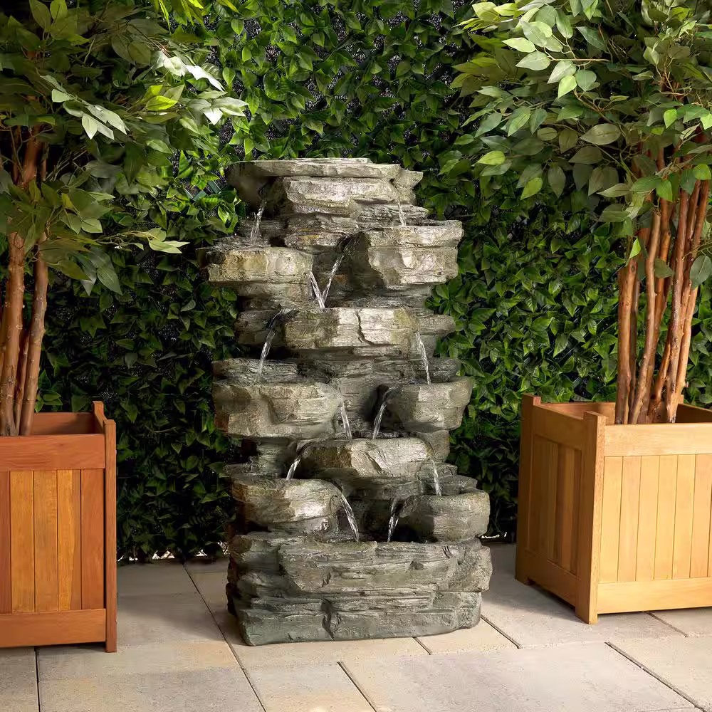 Alpine Corporation 39 in. Tall Outdoor Multi-Tier Rock Water Fountain with LED Lights