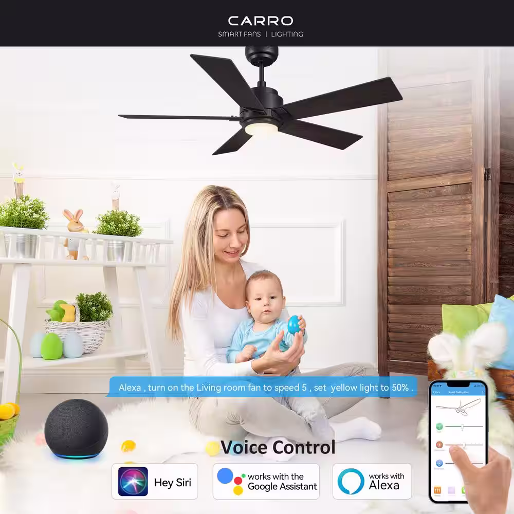 CARRO Aspen 48 in. Dimmable LED Indoor/Outdoor Black Smart Ceiling Fan with Light and Remote, Works with Alexa/Google Home