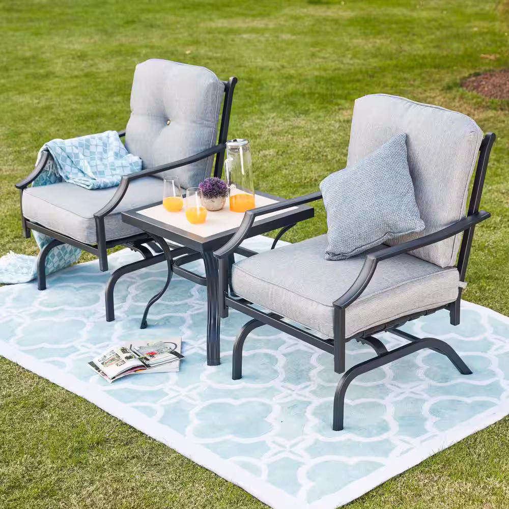 TOP HOME SPACE 3-Piece Metal Square Rocking Outdoor Bistro Set with Grey Cushion