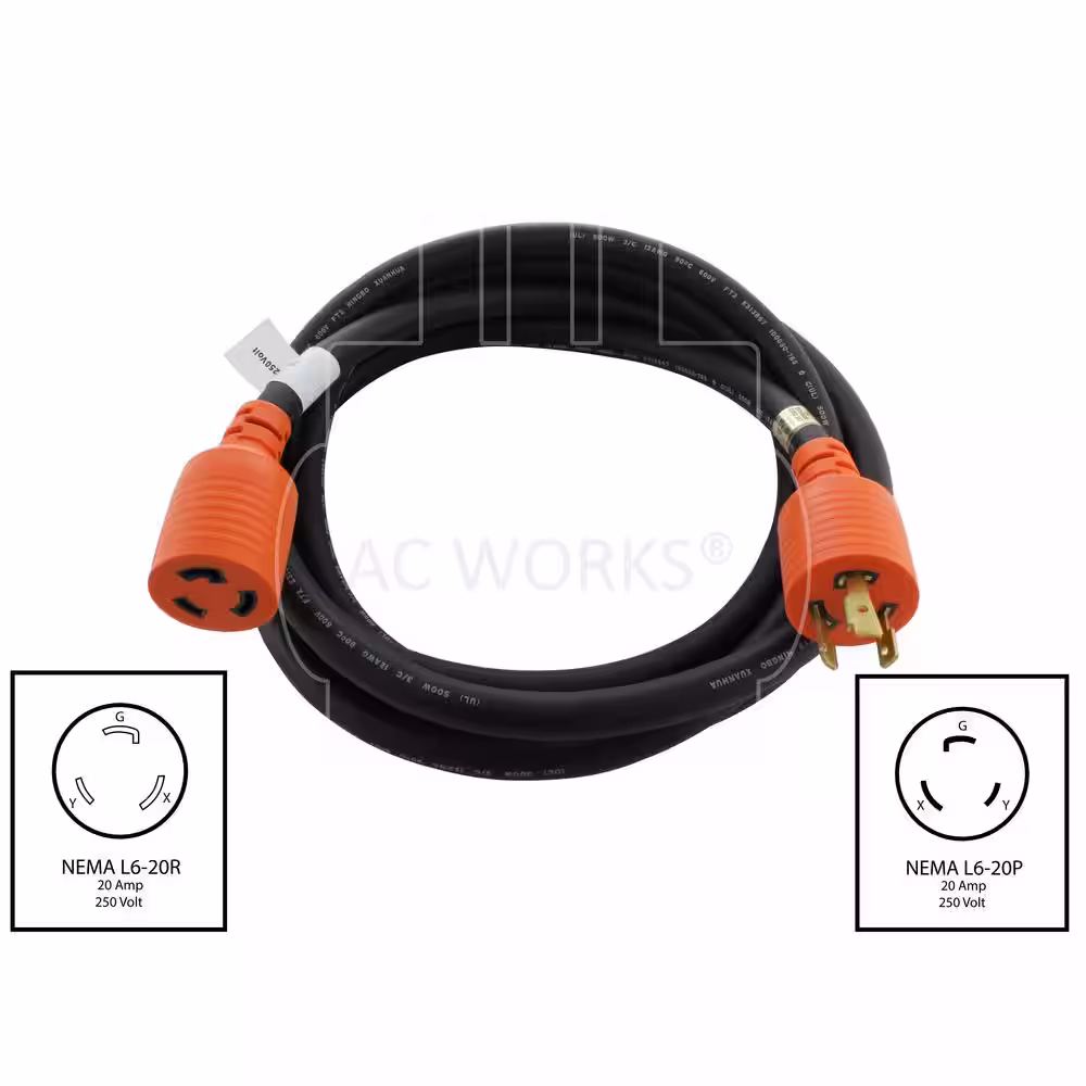 AC WORKS AC Connectors 10 ft. 12/3 Heavy Duty SOOW L6-20 20 Amp 250-Volt Generator Rubber Extension Cord