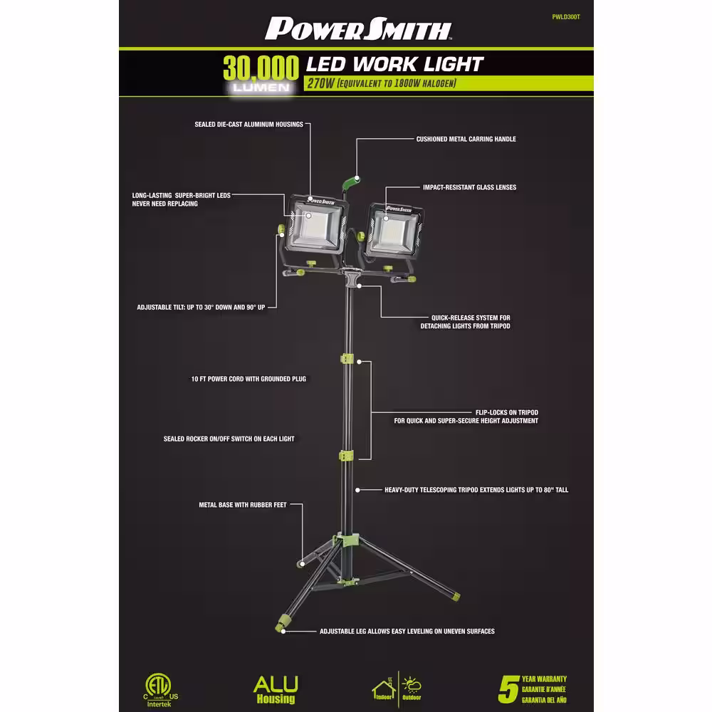 PowerSmith 30,000 Lumens Dual-Head LED Work Light with Tripod