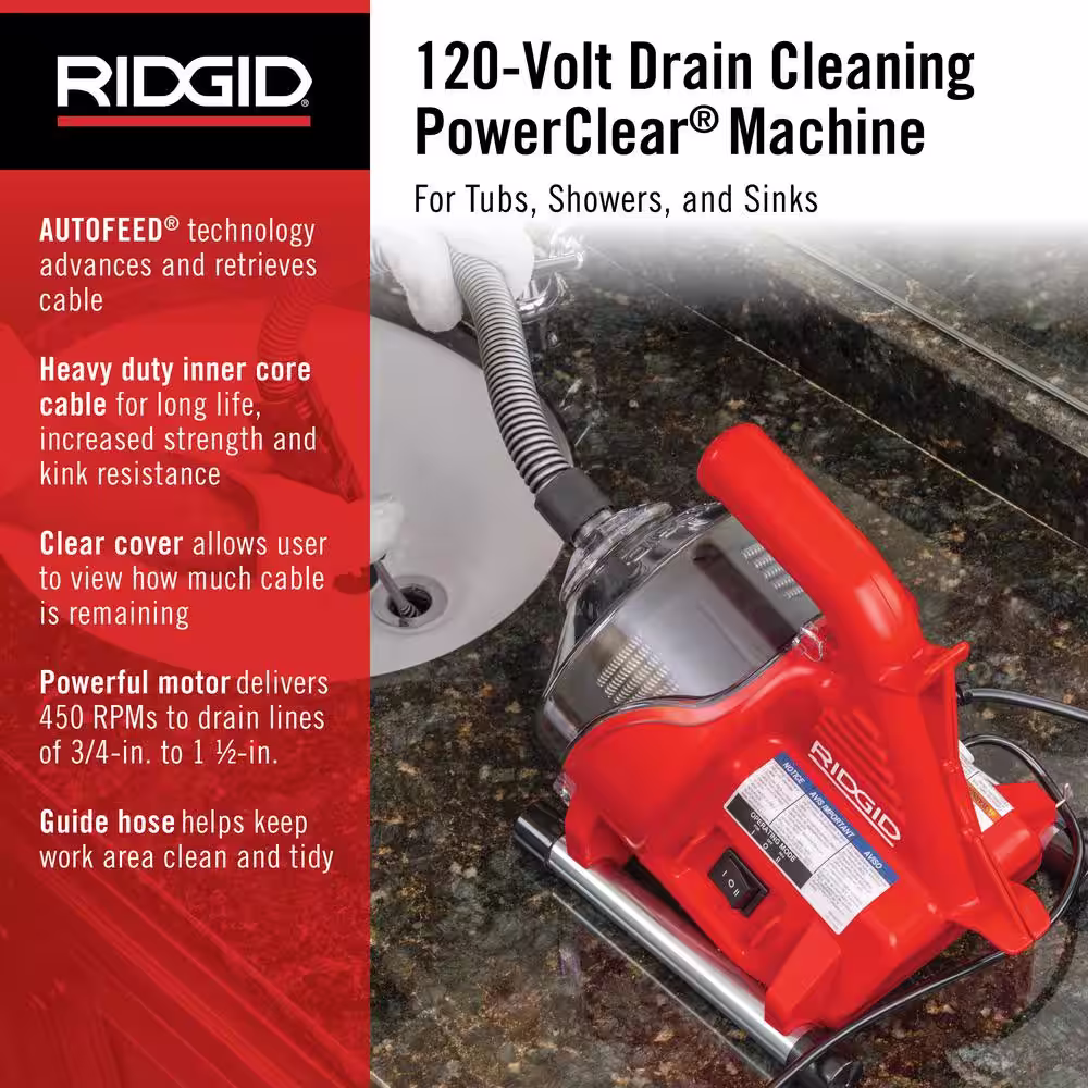 RIDGID PowerClear 120-Volt Drain Cleaning Snake Auger Machine for Heavy Duty Pipe Cleaning for Tubs, Showers, and Sinks