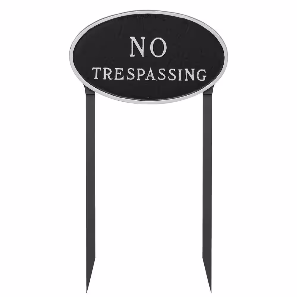 Montague Metal Products 10 in. x 18 in. Large Oval No Trespassing Statement Plaque Sign with 23 in. Lawn Stakes, Black with Silver Lettering