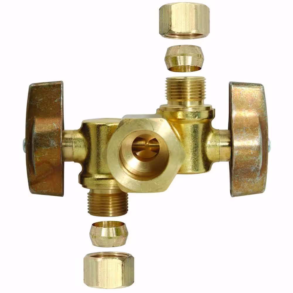 BrassCraft 1/2 in. Nom Comp Inlet x 3/8 in. O.D. Comp x 3/8 in. O.D. Comp Dual Outlet Dual Shut-Off 1/4-Turn Angle Ball Valve
