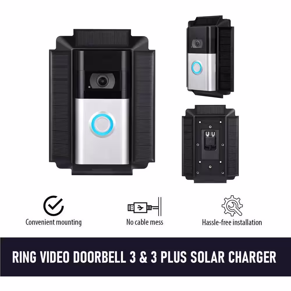 Wasserstein Black Solar Charger Mount for Ring Video Doorbell 3, 3 Plus and 4 - Power Your Ring Doorbell (5-Volt 0.6-Watt)
