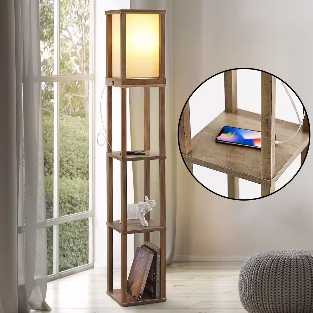 JONATHAN Y Etagere 63 .5 in. Rustic Bohemian Wooden LED 3-Shelf Floor Lamp with Pull-Chain, USB Charging Port and Smart Bulb, Brown