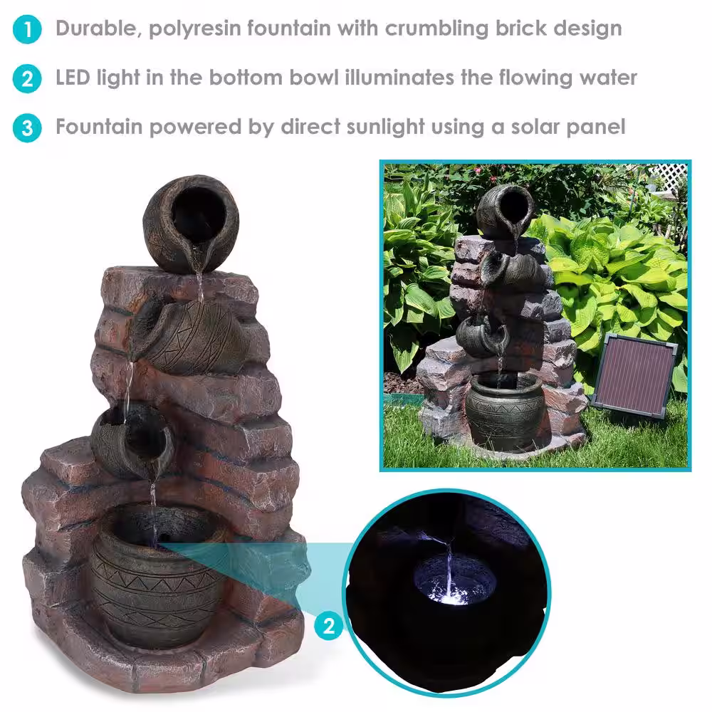 Sunnydaze Decor 27 in. Crumbling Bricks and Pots Solar Cascading Water Fountain with Battery Backup and LED Light
