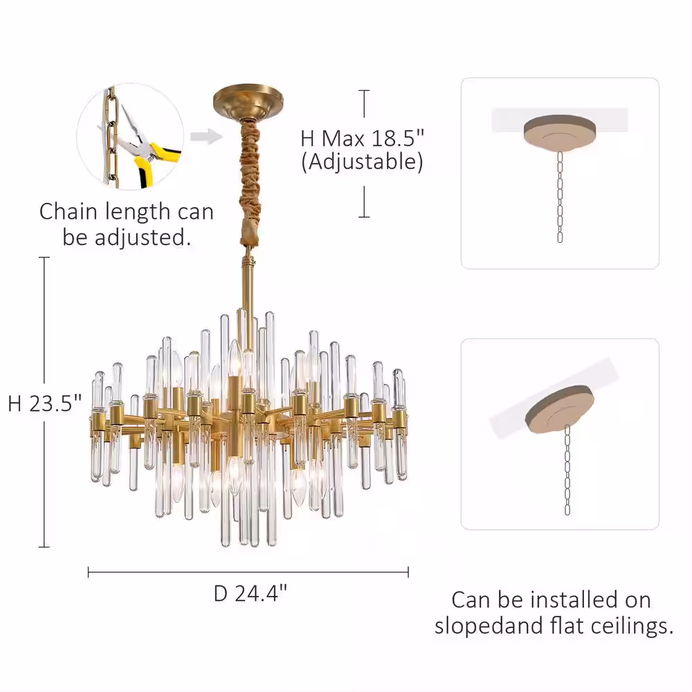 FANNEHONNE 24 in. 10-Light Brass Crystal Kitchen Island Pendant Modern Chandelier