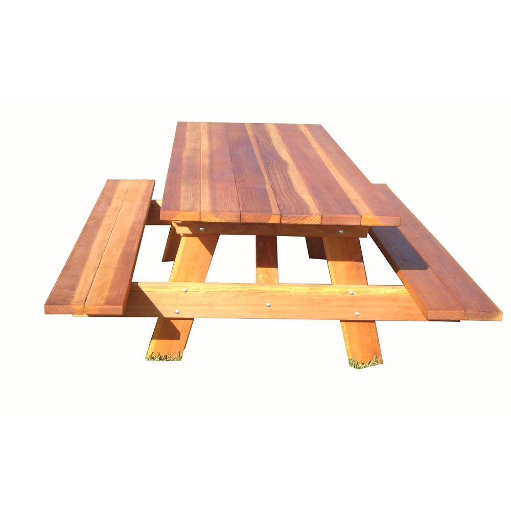 None Outdoor 1905 Super Deck Finished 6 ft. Redwood Picnic Table with Attached Benches