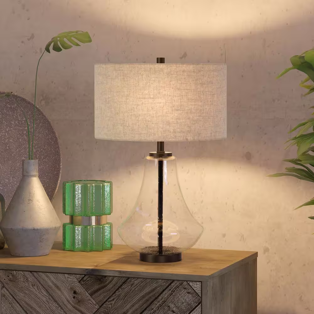 Meyer&Cross Lagos 23 in. Antique Bronze and Seeded Glass Table Lamp with Flax Shade