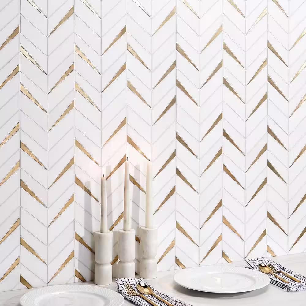 Ivy Hill Tile Love Lane Thassos 13.3 in. x 10.82 in. Polished Marble and Brass Wall Mosaic Tile (0.99 sq. ft./Each)