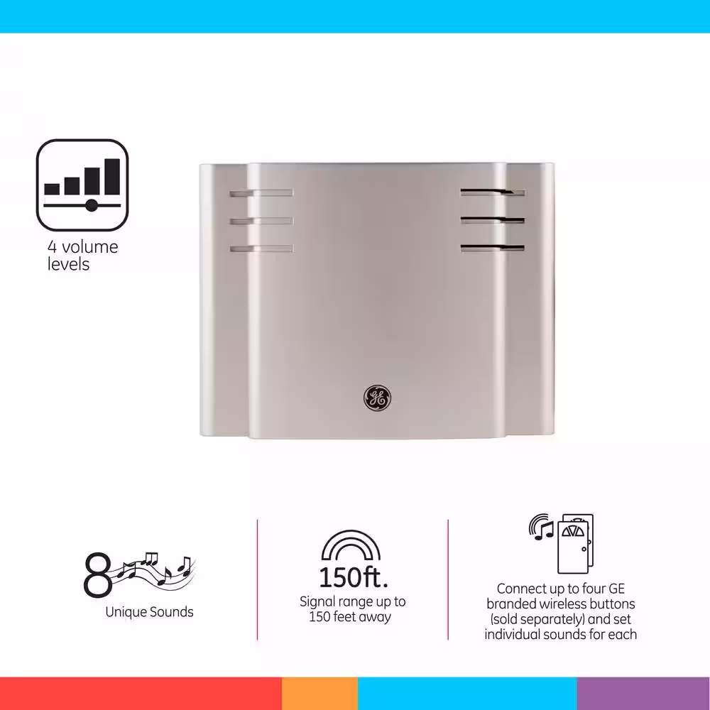 GE Satin Nickel, Wireless Door Bell Kit, 8 Melodies, 1 Receiver, 2 Push Buttons, Battery-Operated