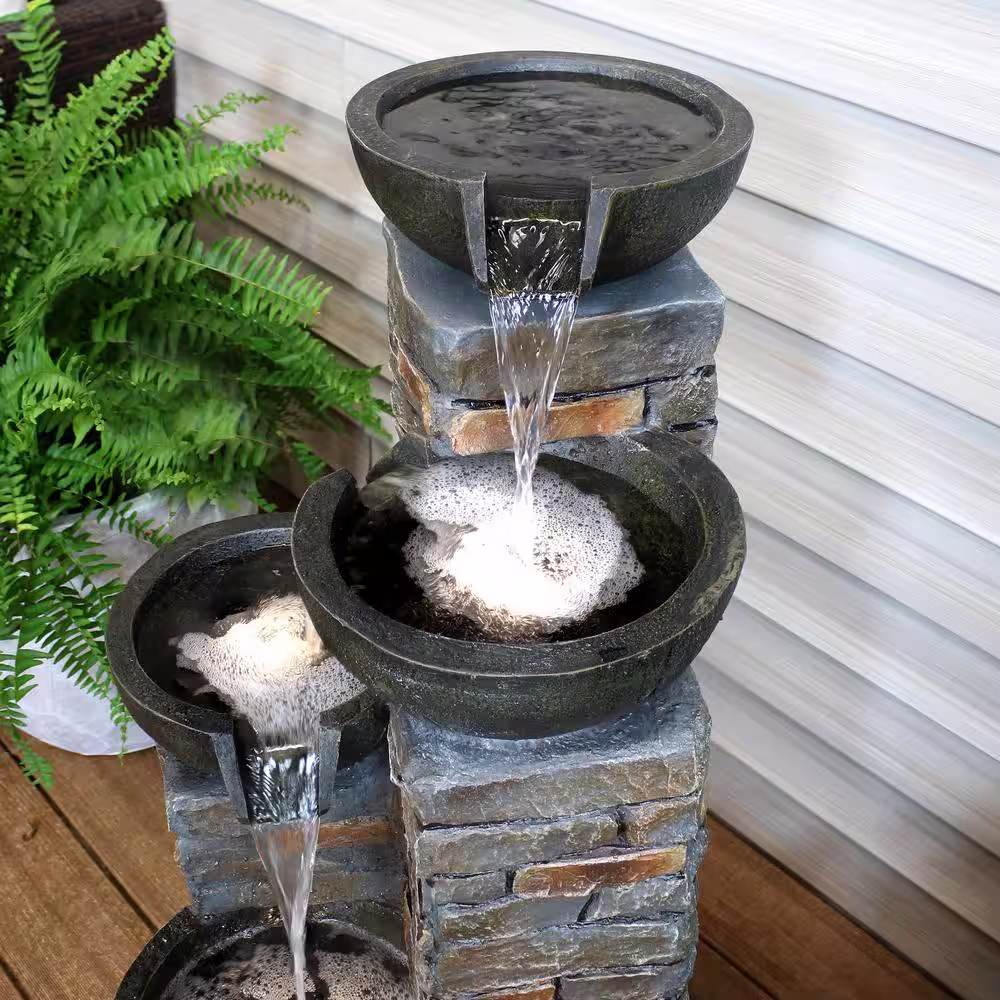Sunnydaze Decor 34 in. Staggered Bowls Tiered Outdoor Water Fountain with LED Lights