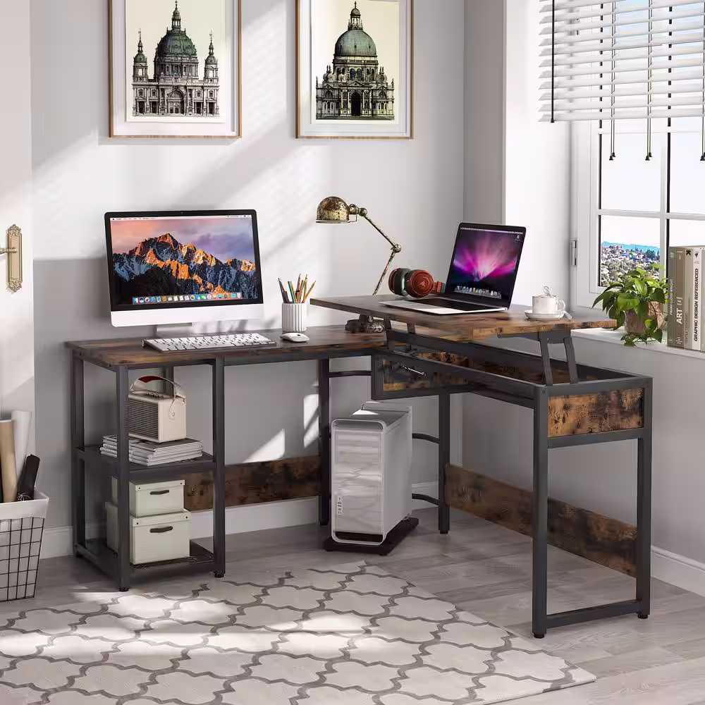 Tribesigns Lantz 59 in. L Shaped Rustic Brown Wood and Metal Computer Standing Desk with Lift Top and Storage Shelves