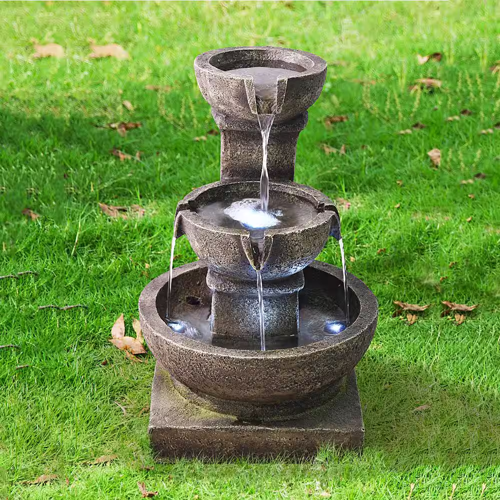 Watnature 16.4 in. Outdoor Waterfall Fountain Relaxing Soothing Garden Fountains with LED Lights for House, Office, Garden