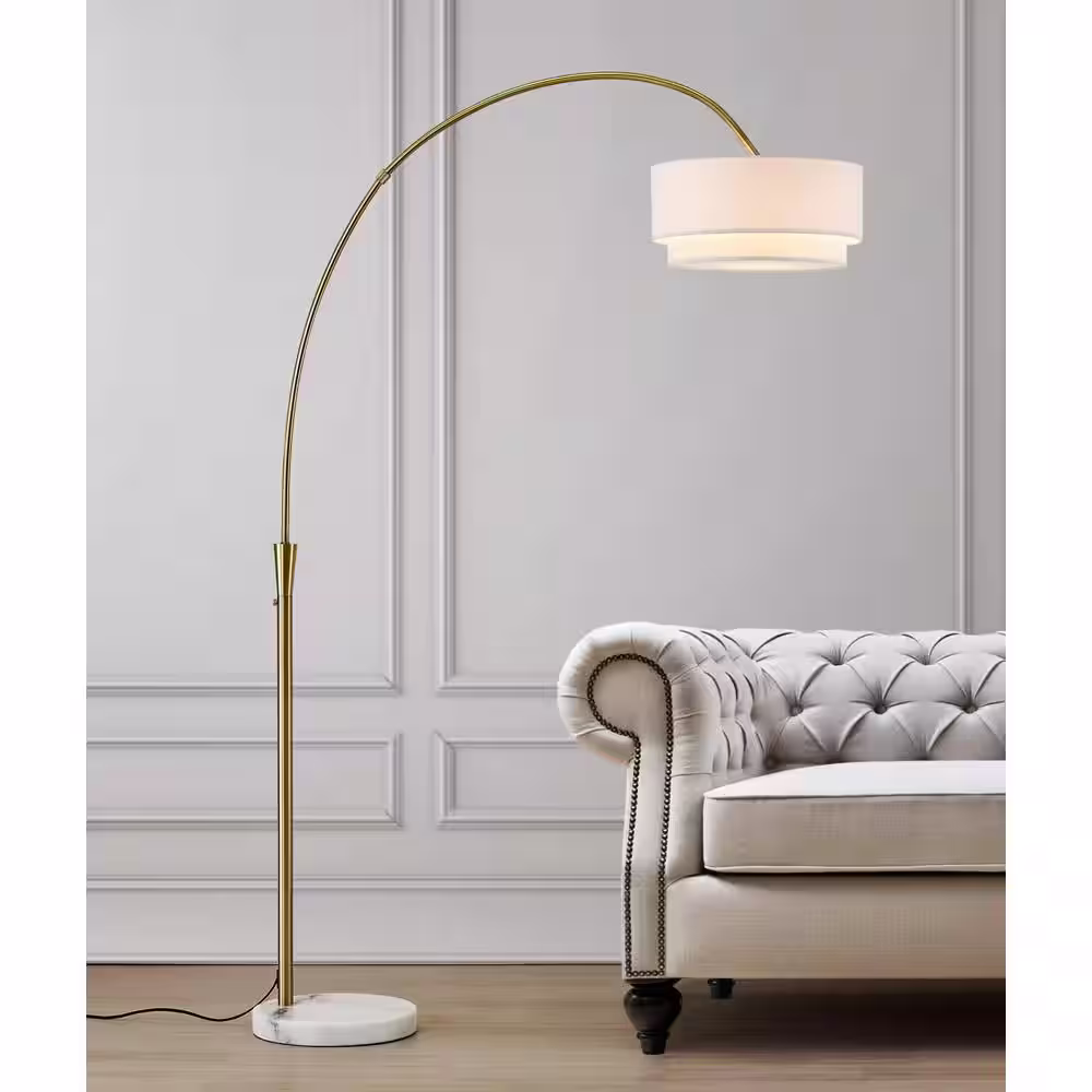 HomeGlam Elan 81 in. Antique Brass Arch Floor Lamp with White Shade