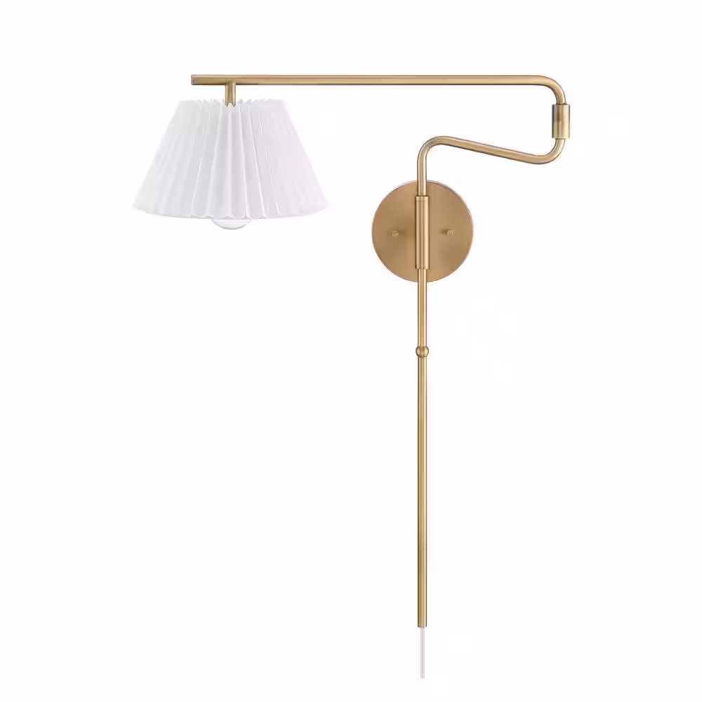 Nathan James Kai 30 in. W 1-Light Vintaged Brass Modern Wall Mounted Plugin Bedside Reading Lamp Wall Sconce with Pleated Shade