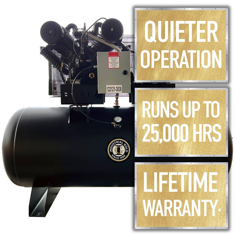 None Industrial Gold 120 Gal. 10 HP Horizontal 3-Phase Low RPM 175 PSI Electric Air Compressor with Quiet Operation