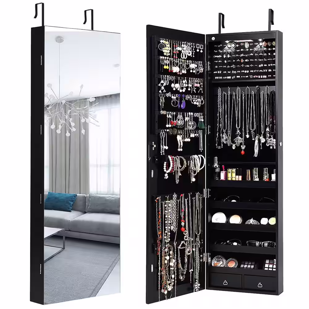 Costway Black Mirrored Wall Jewelry Cabinet with LED Lights