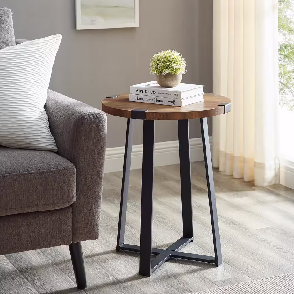 Walker Edison Furniture Company 18 in. Rustic Oak Rustic Urban Industrial Wood and Metal Wrap Round Accent Side Table