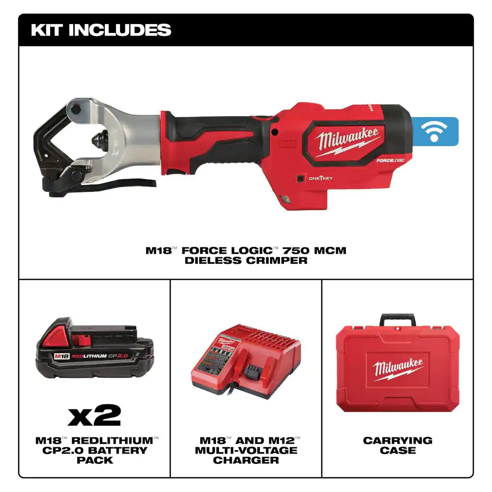 Milwaukee M18 18V Lithium-Ion Cordless FORCE LOGIC 750 MCM Dieless Crimping Tool Kit with 2 2.0 Ah Batteries and Bag