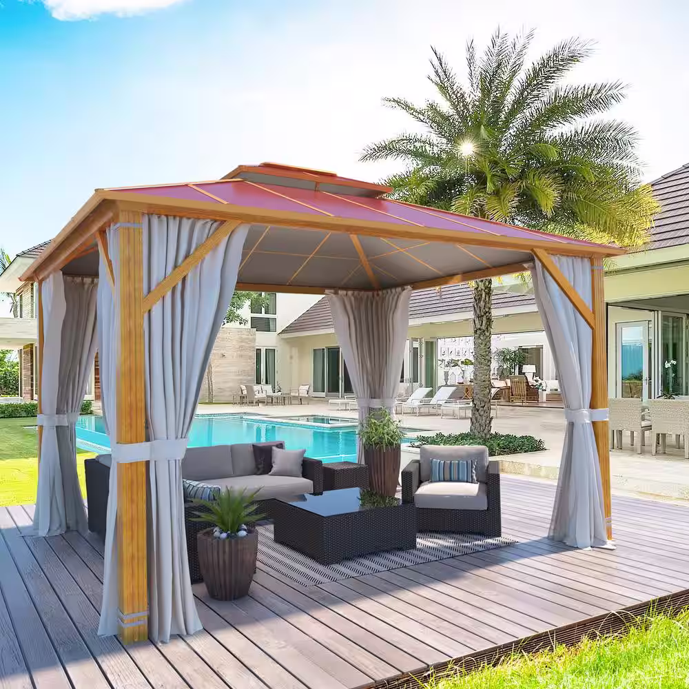 None 10 ft. x 12 ft. Metal Hardtop Gazebo, Wooden Finish Coated Aluminum Frame Double Roof Gazebo, Claret